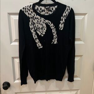 DKNY Black Sweater with Cream Leopard Motif Across Shoulders